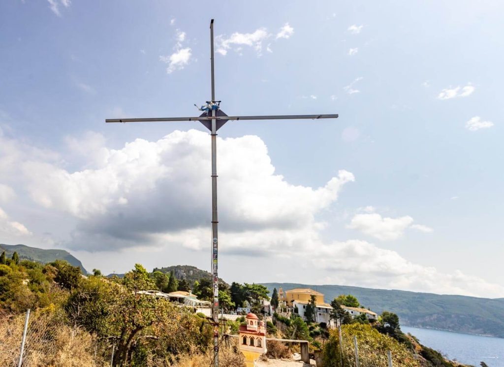 Viewpoint with a cross at the Paleokastritsa Monastery Viewpoint with a cross at the Paleokastritsa Monastery